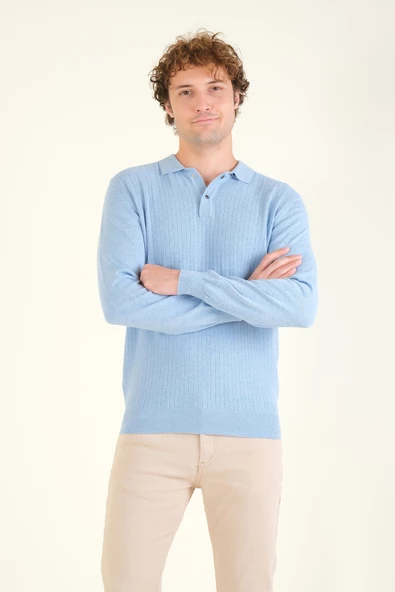 Erkek Desenli Polo Yaka Kazak Açık Mavi - 2