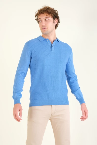 Erkek Desenli Polo Yaka Kazak Mavi - 5