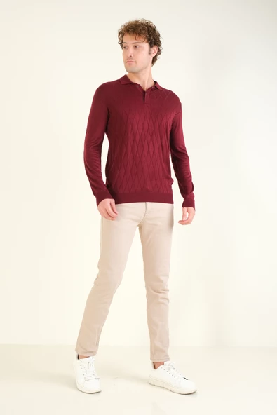 Erkek Baklava Desenli Polo Yaka Merserize Kazak Bordo - 5