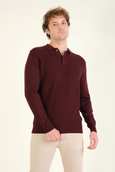 Erkek Desenli Polo Yaka Kazak Bordo - 2