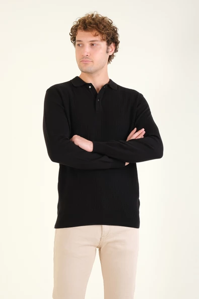 Erkek Desenli Polo Yaka Kazak Siyah - Resim 4