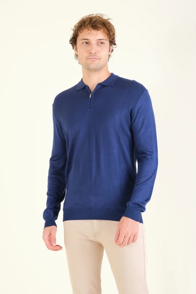 Erkek Yarım Fermuarlı Polo Yaka Kazak Lacivert - 4