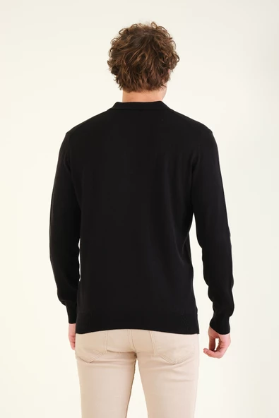 Erkek Desenli Polo Yaka Kazak Siyah - Resim 6