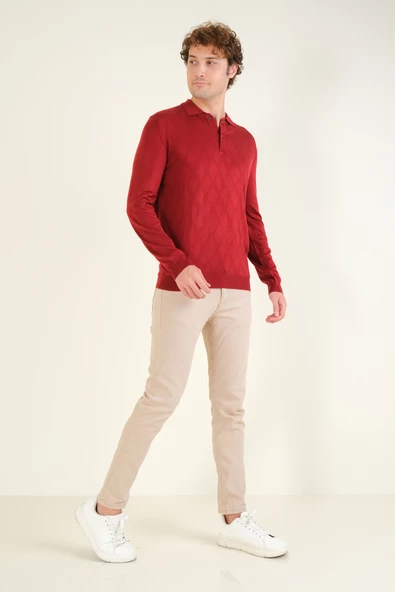 Erkek Baklava Desenli Polo Yaka Merserize Kazak Kırmızı - Resim 5