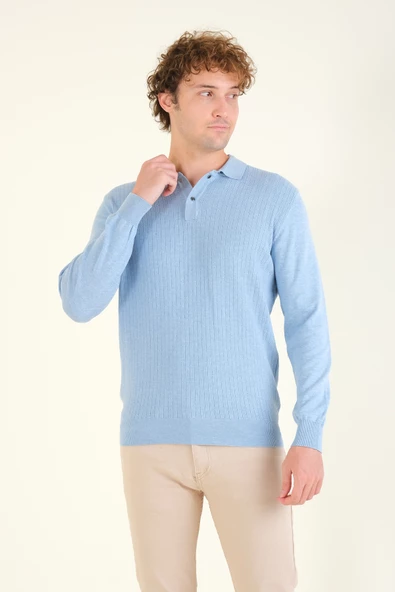 Erkek Desenli Polo Yaka Kazak Açık Mavi - 3