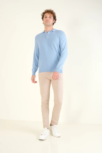 Erkek Desenli Polo Yaka Kazak Açık Mavi - 5