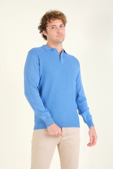 Erkek Desenli Polo Yaka Kazak Mavi - 4