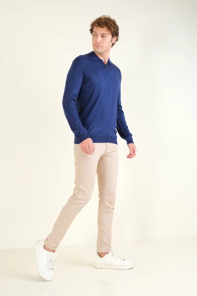 Erkek Yarım Fermuarlı Polo Yaka Kazak Lacivert - 5