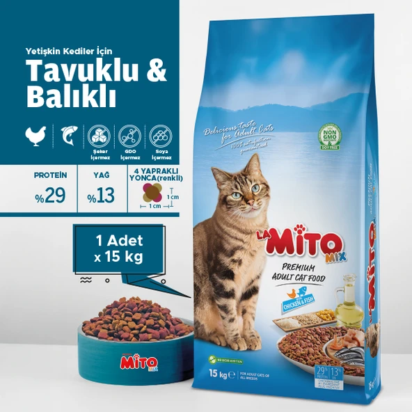 Mito Mix Adult Cat Tavuklu Ve Balıklı Renkli Taneli Yetişkin Kedi Maması 15 Kg ürün görseli 1