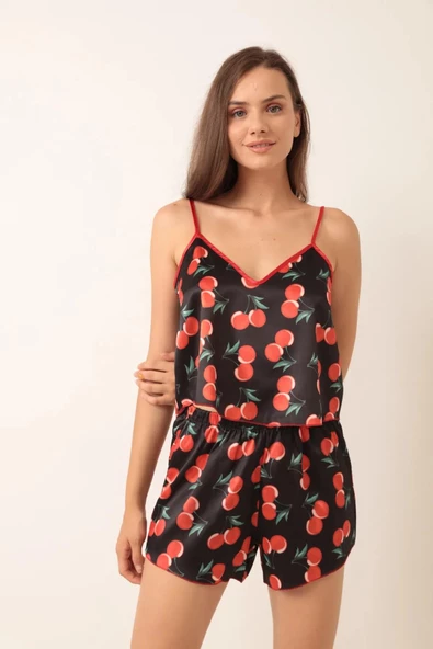 Saten İp Askılı Kiraz Desenli Şortlu Pijama Takımı Love Secret 4013