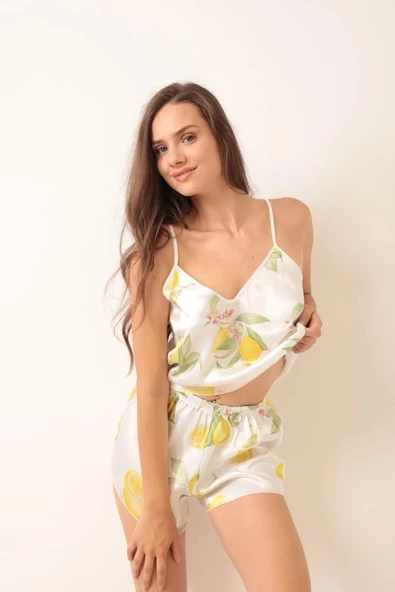 Saten İp Askılı Limon Desenli Şortlu Pijama Takımı Love Secret 4014
