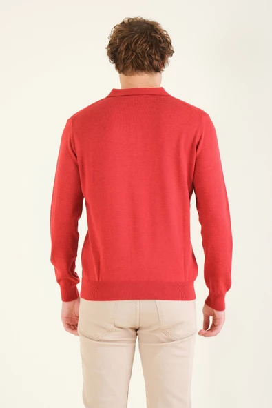 Erkek Yarım Fermuarlı Polo Yaka Kazak Kırmızı - 6