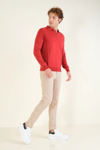 Erkek Yarım Fermuarlı Polo Yaka Kazak Kırmızı - 5
