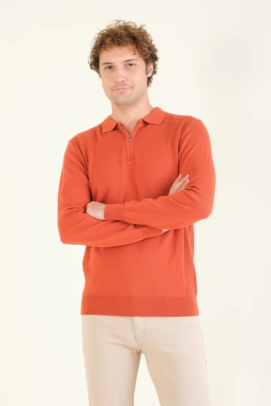 Erkek Yarım Fermuarlı Polo Yaka Kazak Kiremit - 3