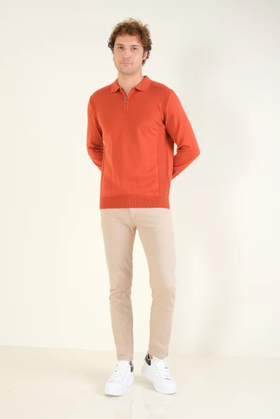 Erkek Yarım Fermuarlı Polo Yaka Kazak Kiremit - 5