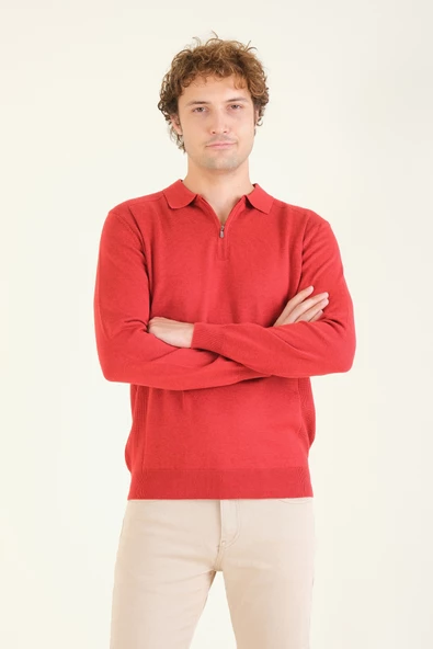 Erkek Yarım Fermuarlı Polo Yaka Kazak Kırmızı - 2