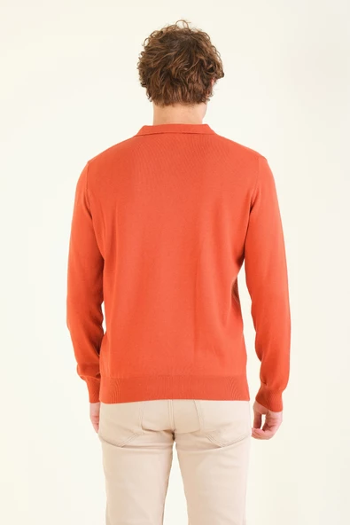 Erkek Yarım Fermuarlı Polo Yaka Kazak Kiremit - 6