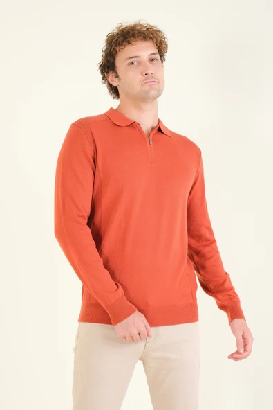 Erkek Yarım Fermuarlı Polo Yaka Kazak Kiremit - 2