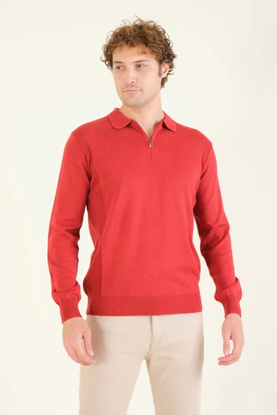 Erkek Yarım Fermuarlı Polo Yaka Kazak Kırmızı - 3