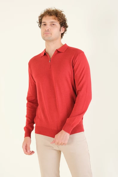 Erkek Yarım Fermuarlı Polo Yaka Kazak Kırmızı