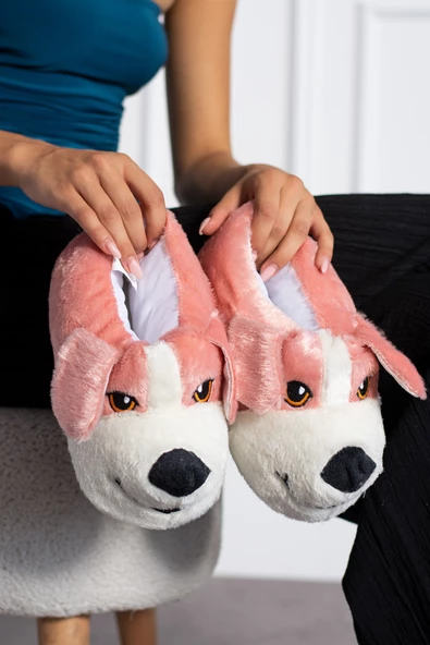 Albishoes Sevimli Köpek Hayvan Figürlü Peluş Yumuşak Taban Ev Botu Kışlık Hayvanlı Ev Panduf (30-40) - 2