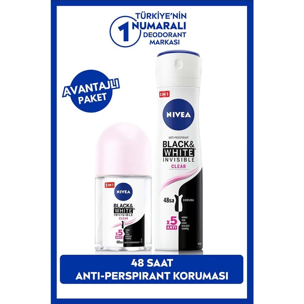 Nivea Black and White Clear Deodorant 150 Ml + Black & White Clear Roll On 25 Ml Avantajlı Set