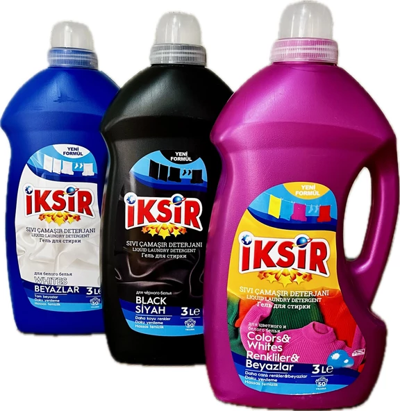 İksir Sıvı Deterjan Beyazlar-Renkliler-Siyahlar 3'lü Paket 3Lt x 3Adet