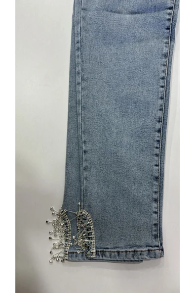 PAMK0002 Boru Paça Paçası Taş Detaylı Kot Pantolon - 3