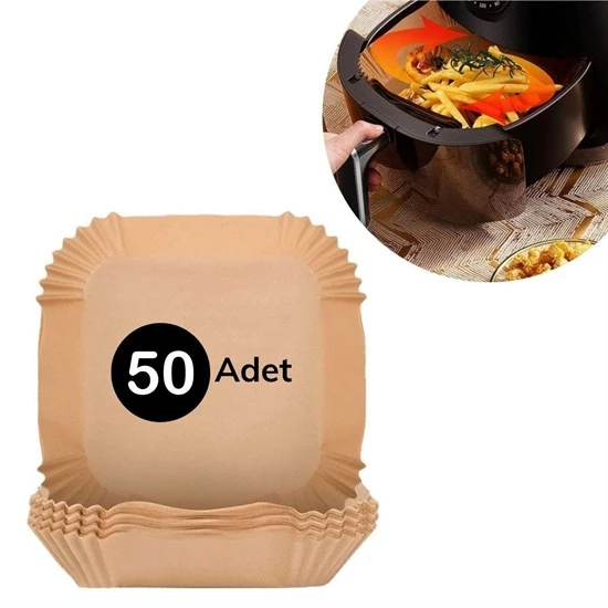 50 Adet Air Fryer Pişirme Kağıdı Tek Kullanımlık Hava Fritöz Yağ Geçirmez Yapışmaz Kare Tabak Model (4593)