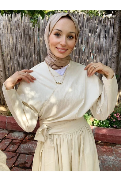 ETKM001 Üstü Bağlamalı Eteği Yandan Fermuarlı Takım Bej - 3