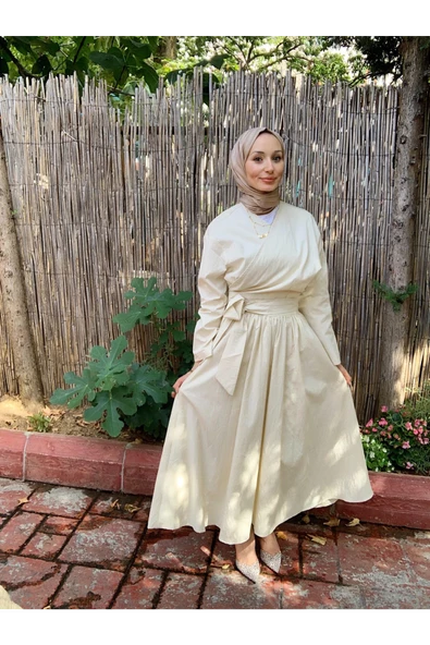 ETKM001 Üstü Bağlamalı Eteği Yandan Fermuarlı Takım Bej - 2