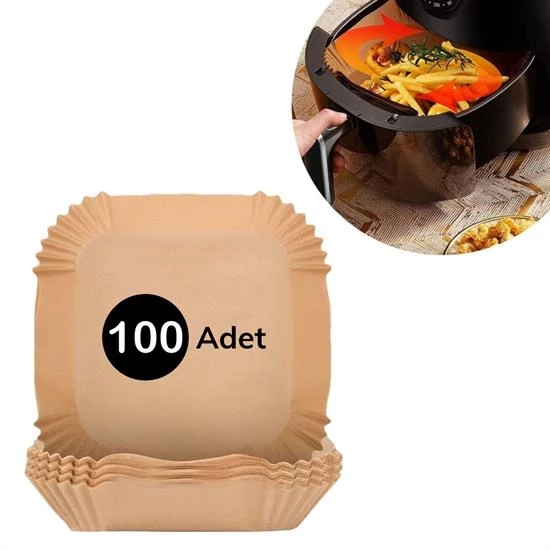 100 Adet Air Fryer Pişirme Kağıdı Tek Kullanımlık  Gıda Yağlı Kağıdı Kare Tabak Model (4593)