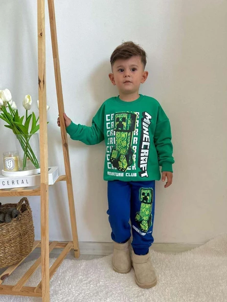 ERKEK ÇOCUK MINECRAFT MODELLİ BİSİKLET YAKA PAMUK EŞOFMAN TAKIMI - 3