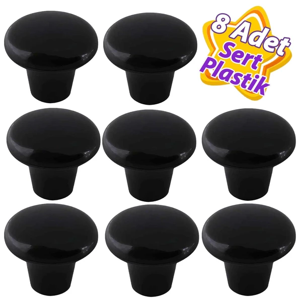 8 Adet Sert Plastik Mantar Düğme Kulp Siyah Dolap Mobilya Mutfak Dolabı Çekmece Kapak Kulpu Kulbu