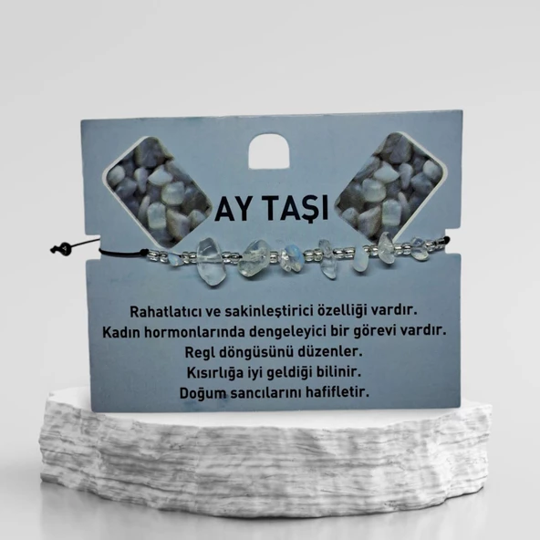 Doğal Taş Bileklik Ay Taşı Bileklik Ayarlanabilir İpli Ay Taşı Kristalize Moon Stone Kırık Taş Şifalı Bileklik - 4