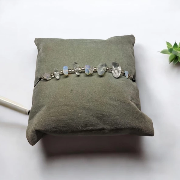 Doğal Taş Bileklik Ay Taşı Bileklik Ayarlanabilir İpli Ay Taşı Kristalize Moon Stone Kırık Taş Şifalı Bileklik - 3