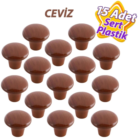 15 Adet Sert Plastik Mantar Düğme Kulp Ceviz Dolap Mobilya Mutfak Dolabı Çekmece Kapak Kulpu Kulbu