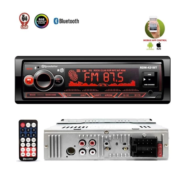 ROADSTAR RDM-421BT 4X50 WATT BLUETOOTH /2XUSB/SD/FM/AUX MEKANİKSİZ OTO TEYP (4593)