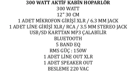 30 CM 300 WATT 12 AKTİF KABİN HOPARLÖR (4593)