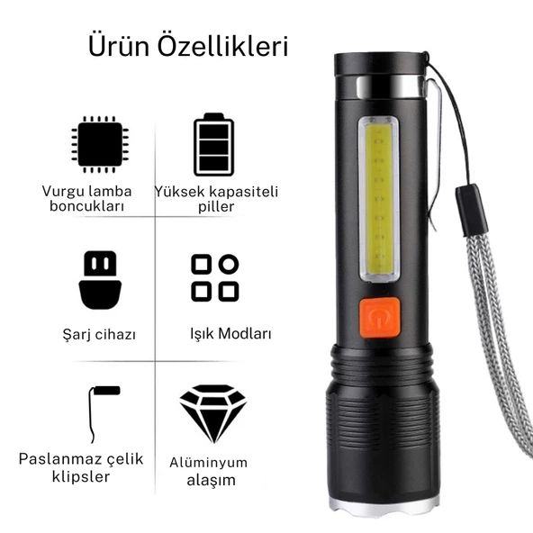 6000 lümen zomlu flaşörlü 4 farklı ışık şiddetine sahip ful metal tasarım el feneri - 2