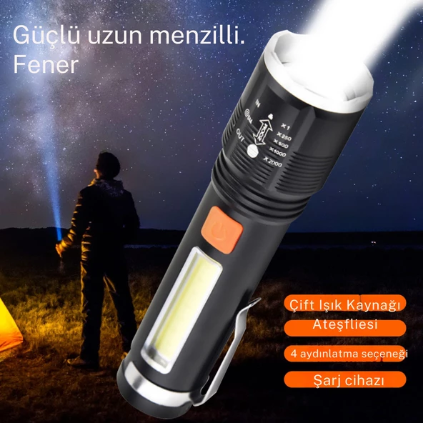 6000 lümen zomlu flaşörlü 4 farklı ışık şiddetine sahip ful metal tasarım el feneri - 5