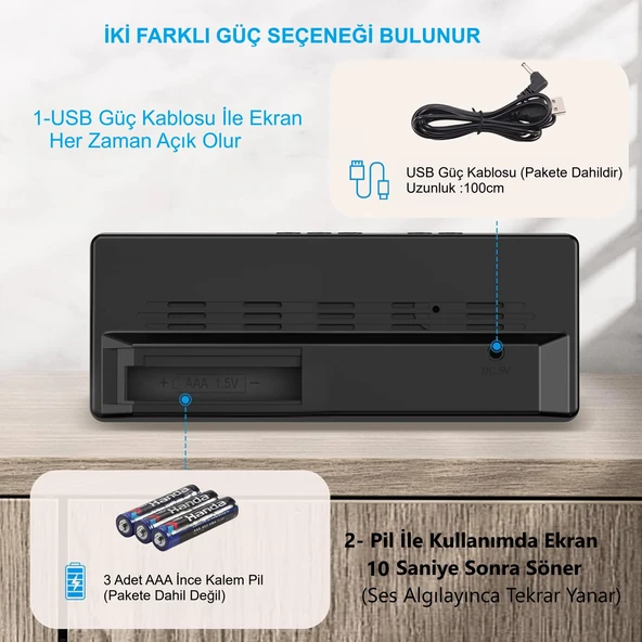 HyMark LED Ekran USB Güç Dijital Aynalı Masa Saati Sıcaklık Alarm Takvim - 5
