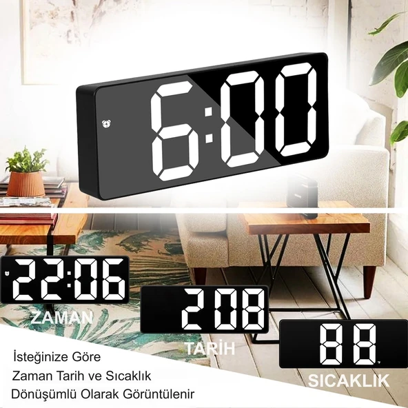 HyMark LED Ekran USB Güç Dijital Aynalı Masa Saati Sıcaklık Alarm Takvim - 3