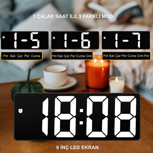 HyMark LED Ekran USB Güç Dijital Aynalı Masa Saati Sıcaklık Alarm Takvim - 4