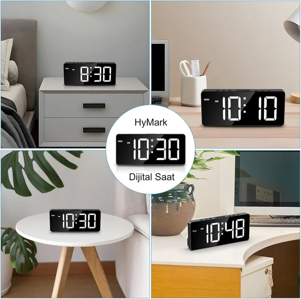 HyMark LED Ekran USB Güç Dijital Aynalı Masa Saati Sıcaklık Alarm Takvim - 7