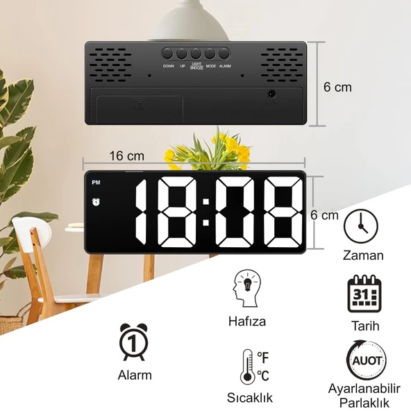 HyMark LED Ekran USB Güç Dijital Aynalı Masa Saati Sıcaklık Alarm Takvim - 2