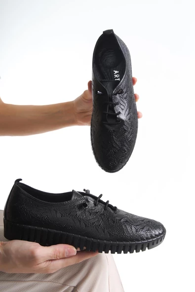 Artı-Artı014-ALK054-6 Hakiki Deri Ortopedik Hassas Ciltler İçin Çok Yumuşak Siyah Kadın Ayakkabı - Resim 4