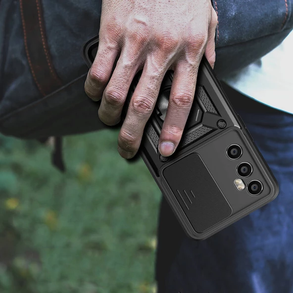 Realme C65 4G Kılıf Magnetik Standlı Kamera Korumalı  Sürgülü Vega Kapak - Resim 7