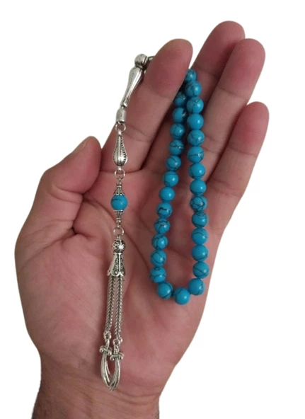 Dogal Taş Benzeri Turkuaz Firuze Tesbih,gümüş Kaplama Zülfikar Model Püsküllü Tespih - 2