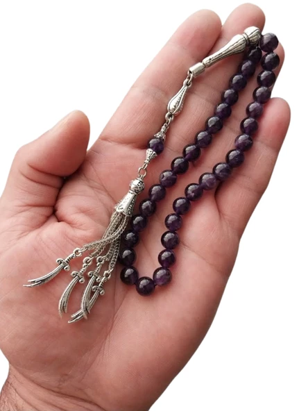 Dogal Taş Amatist Tesbih,gümüş Kaplama 4lü Zülfikar Model Metal Püskül Tespih - 3